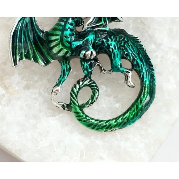 Green Enamel Flying Dragon Silver Toned Vintage Brooch Pin - Picture 8 of 10